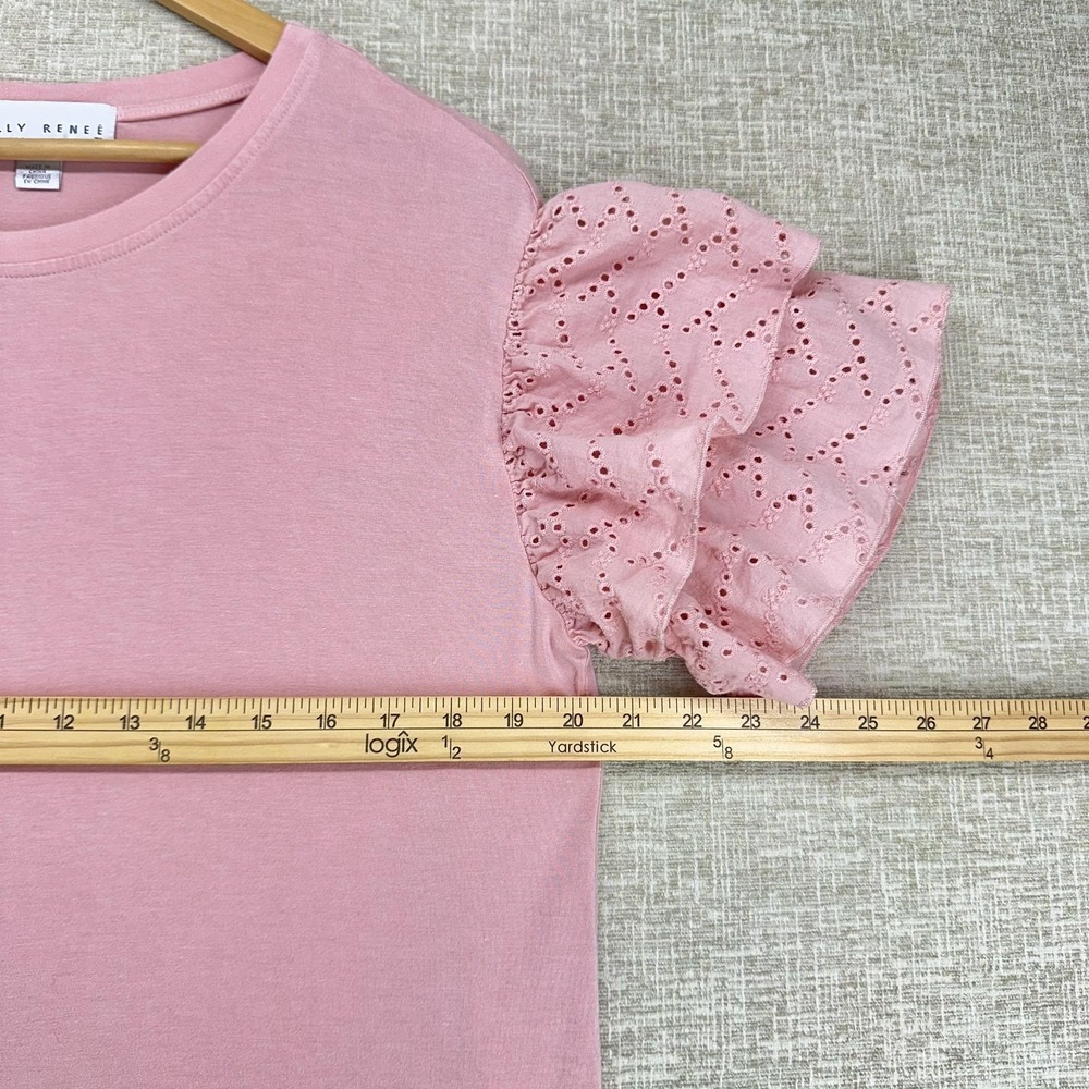 Kelly Renée Shirt Womens Large Pink Eyelet Ruffle Flutter Sleeve Knit Top - Picture 8 of 9